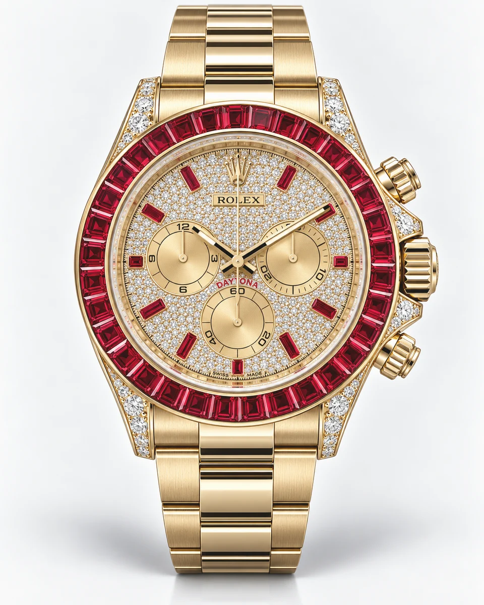 A yellow gold Rolex Cosmograph Daytona with a pave diamond dial, a bezel set with square-cut red stones and diamond-set lugs, photographed on white