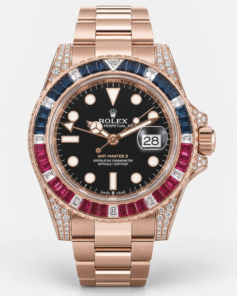 An Everose gold Rolex GMT-Master II with a black dial and a bezel set with blue and red baguette stones, on a matching gold bracelet, photographed on white