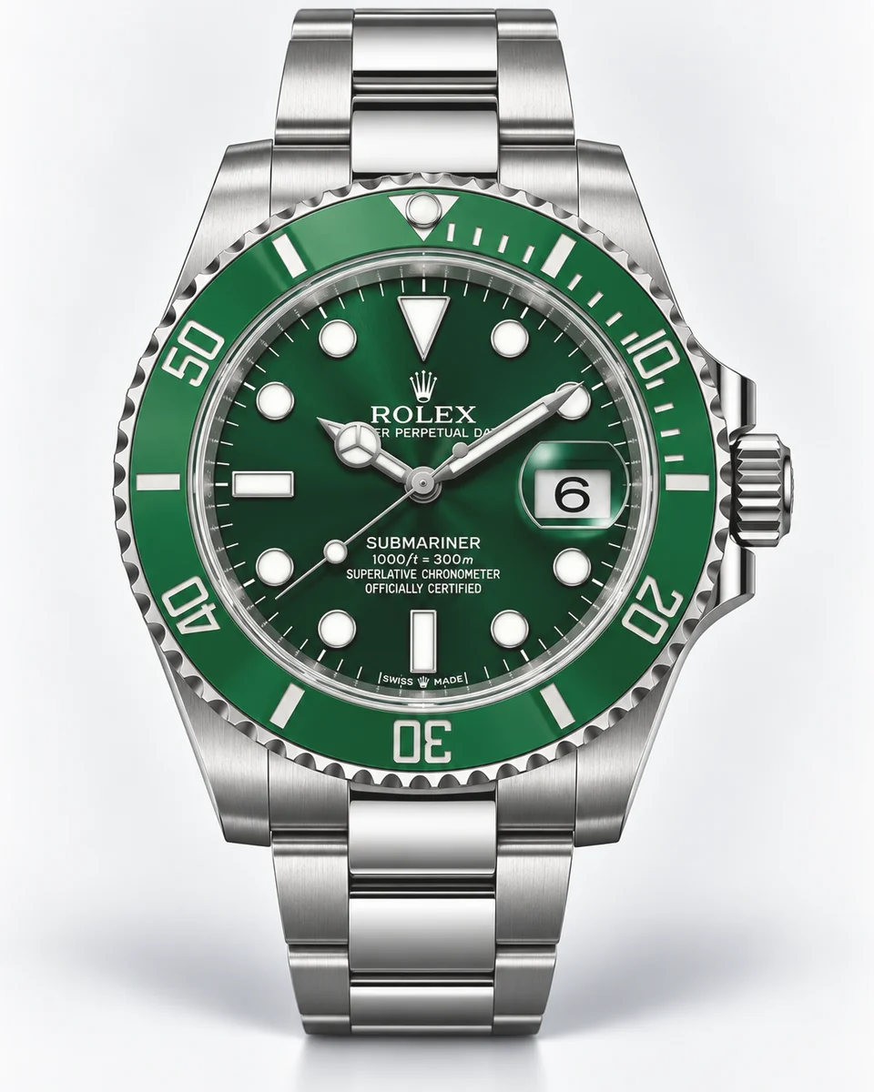 A steel Rolex Submariner Date with a green dial and green ceramic bezel on a steel Oyster bracelet, photographed on white