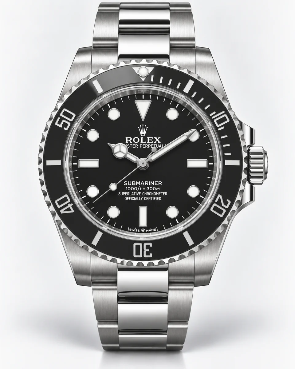 A steel Rolex Submariner with a black dial and black ceramic bezel and no date window, on a steel Oyster bracelet, photographed on white