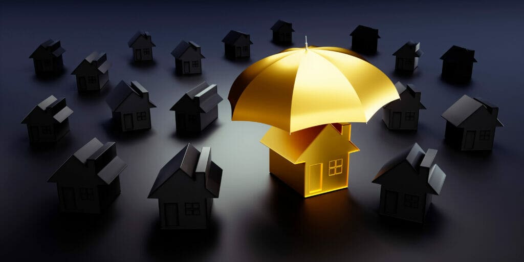 A golden umbrella over a family of houses.