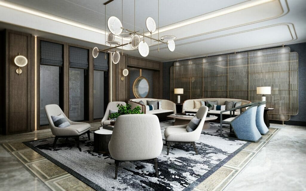 3d rendering of a modern family living room in an office setting.